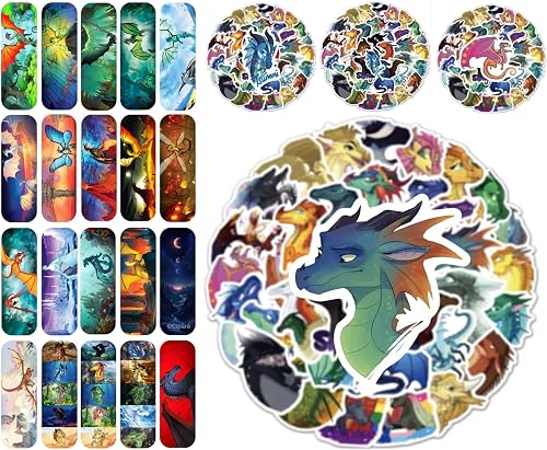 130 pcs Wings of Fire Bookmarks and Stickers - from Wings of Fire Book 1-15 Author Tui Sutherland Bookmark Stickers Merch Kawaii Dragon, Party Favor, Student Rewards (WOF_Bookmarks_with_Stickers)