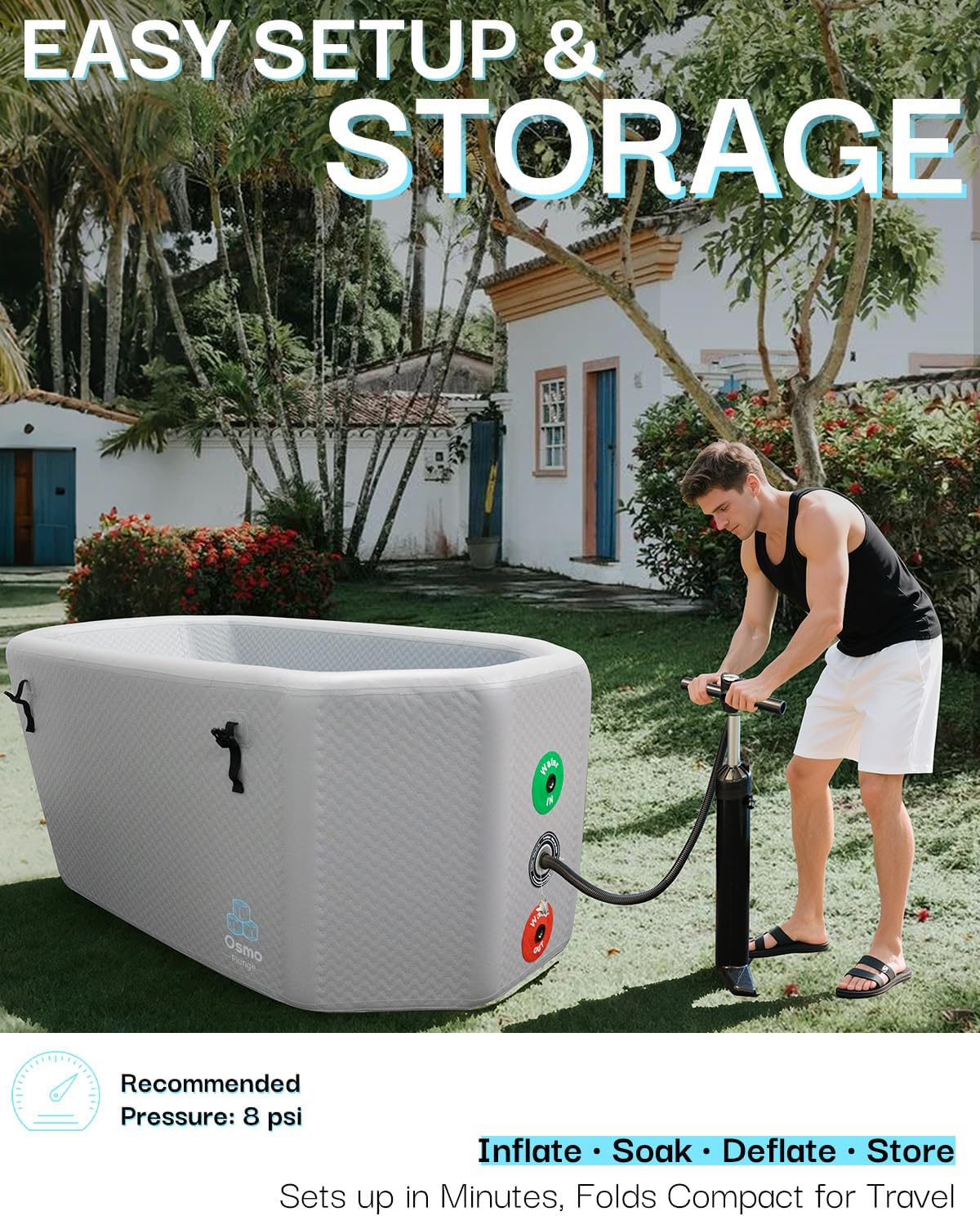 Inflatable Reclining Ice Bath Tub for Athletes Water Chiller Compatible Ergonomic Cold Plunge Tub for Recovery with Insulated Lid, Groundsheet, Backpack, Drop Stitch Construction, 120 Gallon