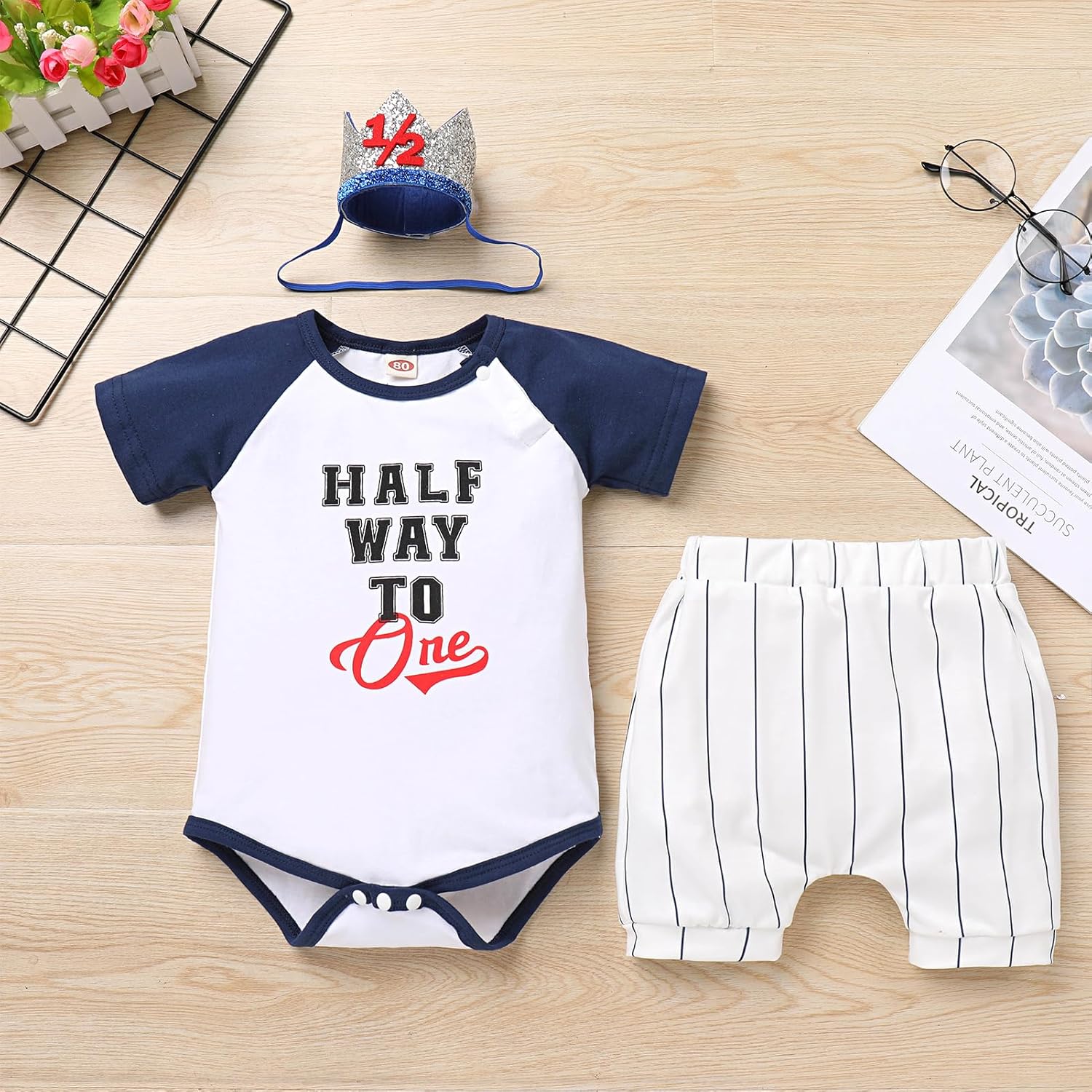 ODASDO Half Way To One Baby Boy Birthday Outfit Smash Cake Photoshoot Romper Shorts Headwear Suspenders 4pcs Set - Image 4