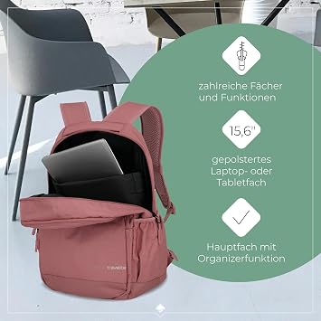 Travelite KICK OFF Hand Luggage Backpack with Padded Laptop Compartment Laptop Backpack 15.6 Inches Daypack for Holiday and Sports 45 cm 22 Litres rosé Casual