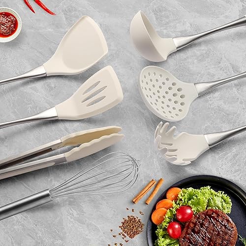 Miniatura 3 de Juego de utensilios de cocina de silicona blanca de alta calidad, no tóxicos, resistentes al calor, sin BPA, con espátula, cuchara, batidor y