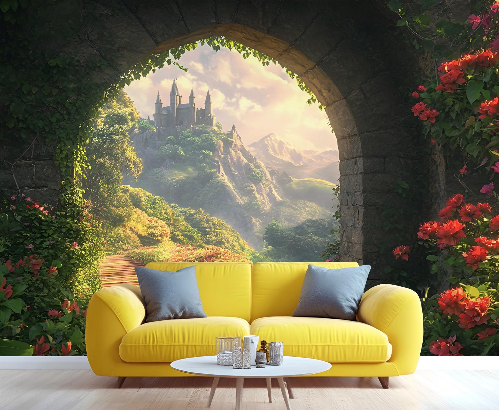 YXQAIED Castle Wallpapers Fairytale Wallpaper Murals Ivy Flower Garden Wallpaper for Bedrooms Office Living Room Mural Poster 390x260cm