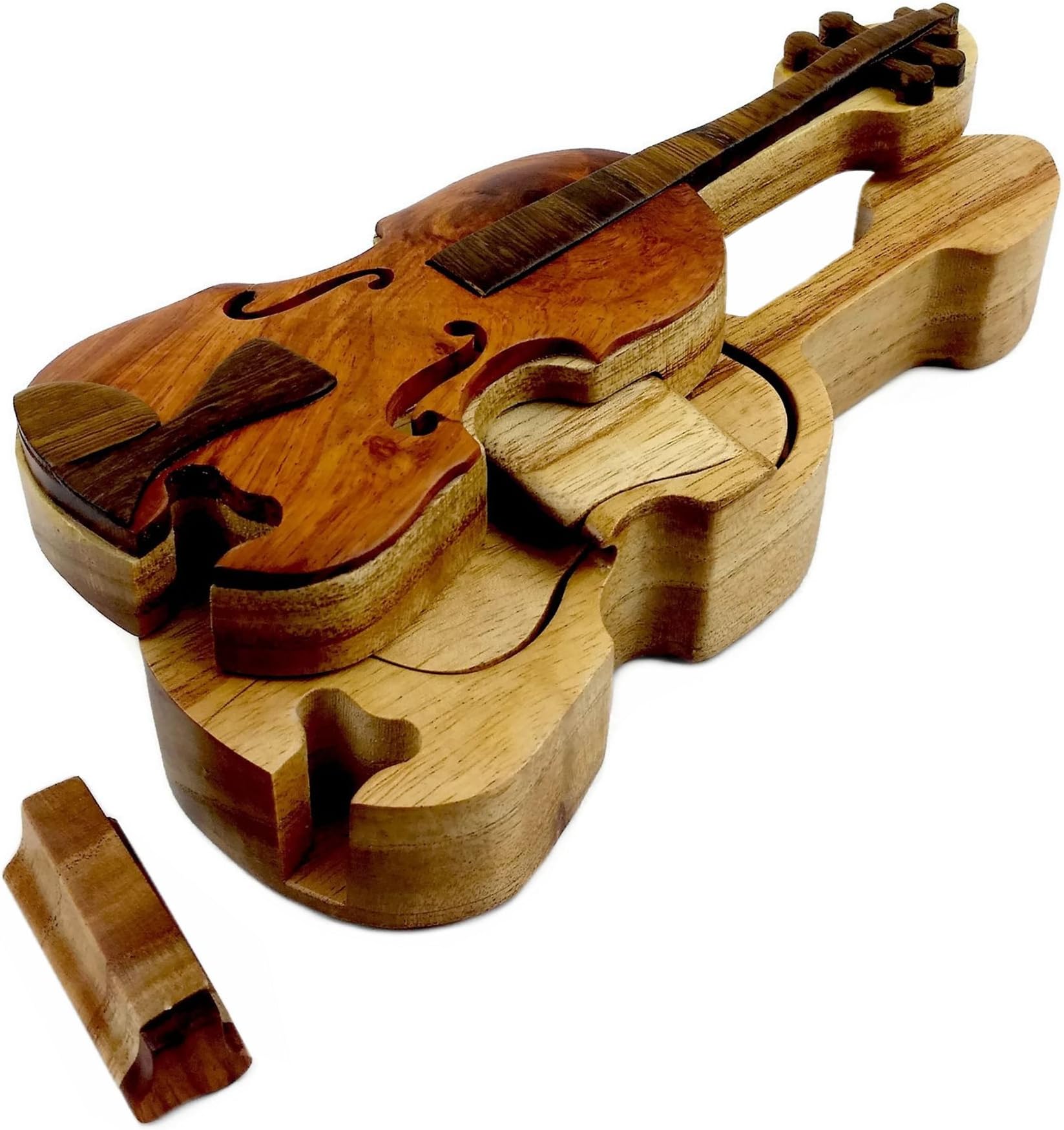 Violin All Natural Exotic Woods Puzzle Box, 8.25" X 3" X 2.5" with Sliding Wooden Key Lock, Sliding Cover and Inner Lid to Hidden Compartment. Hand-Made Wood Onlay Design on Lid.