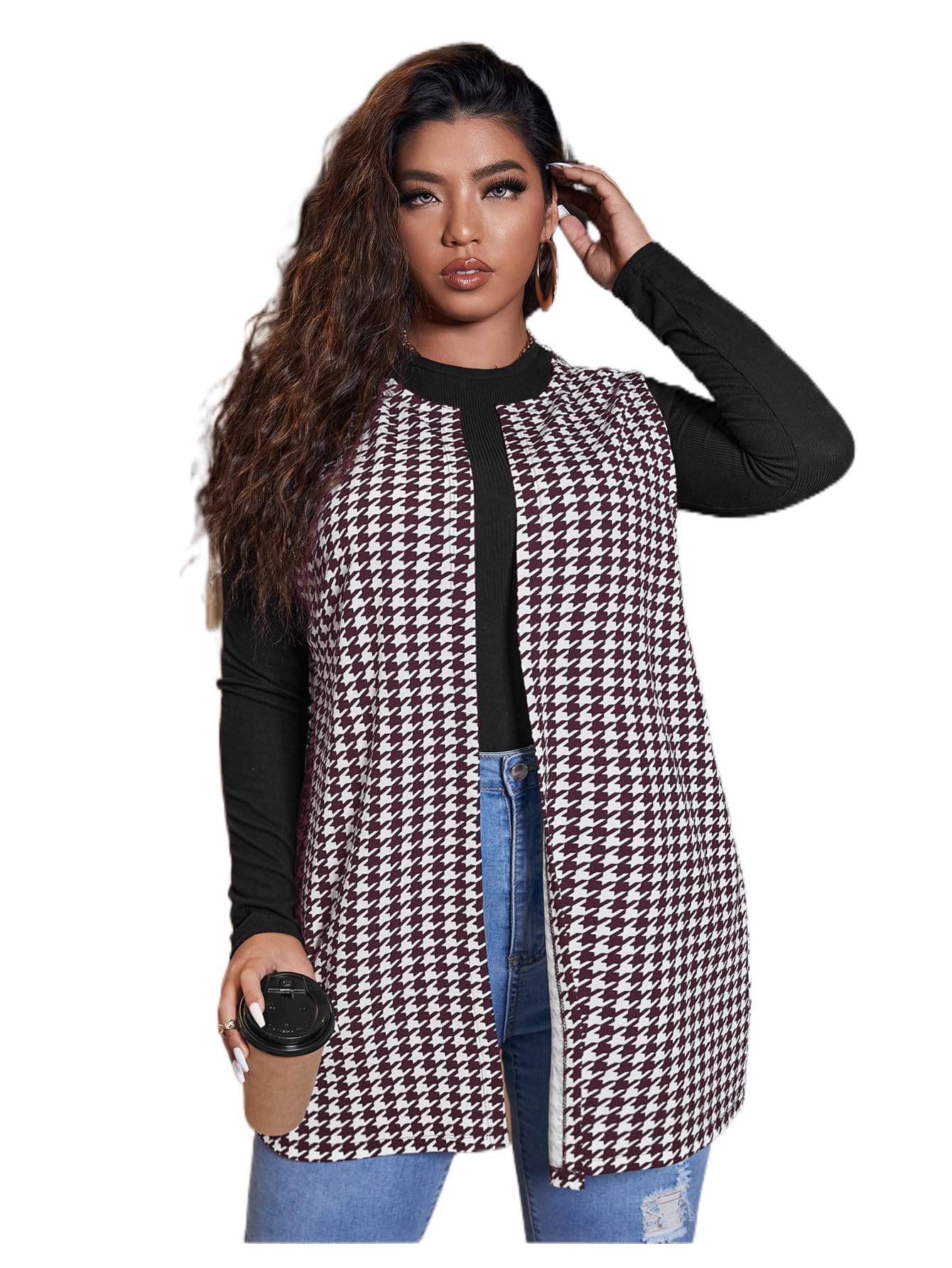 Milumia Womens Plus Size Houndstooth Vest Blazers Open Front Cardigan