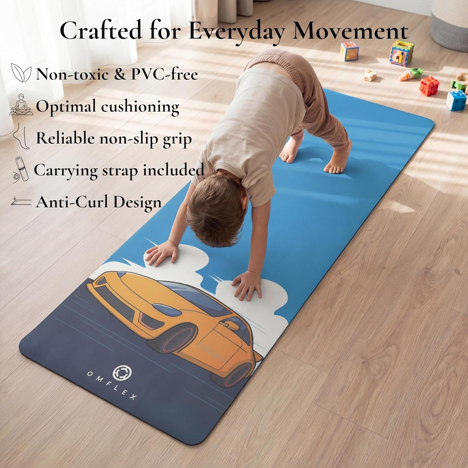 Kids Yoga Mat with Carrying Strap – 60"x24" Non-Slip Premium Exercise Mat for Kids, 3mm Thick Non-Toxic, PVC-Free Play Mat for Children, Dolphin, Car & Supergirl Designs