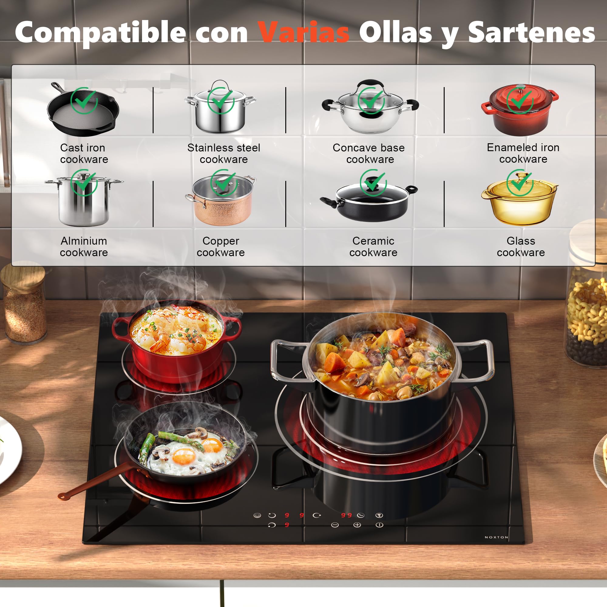 Placa vitrocerámica 3 fuegos autosuficiente 60 cm, con control táctil