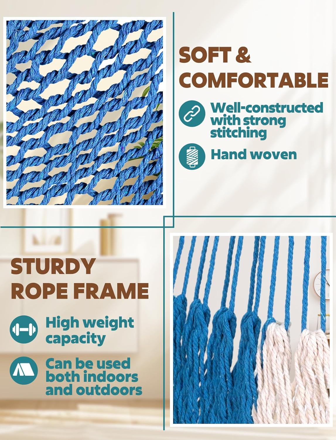 Chihee Handwoven Cotton Hammock Chair Large Hanging Rope Chair 7.9ft with Detachable Strong Metal Spreader Bar, Breathable Net Swing Seat Color Blocking, Portable with Carry Bag, Indoor Outdoor Use