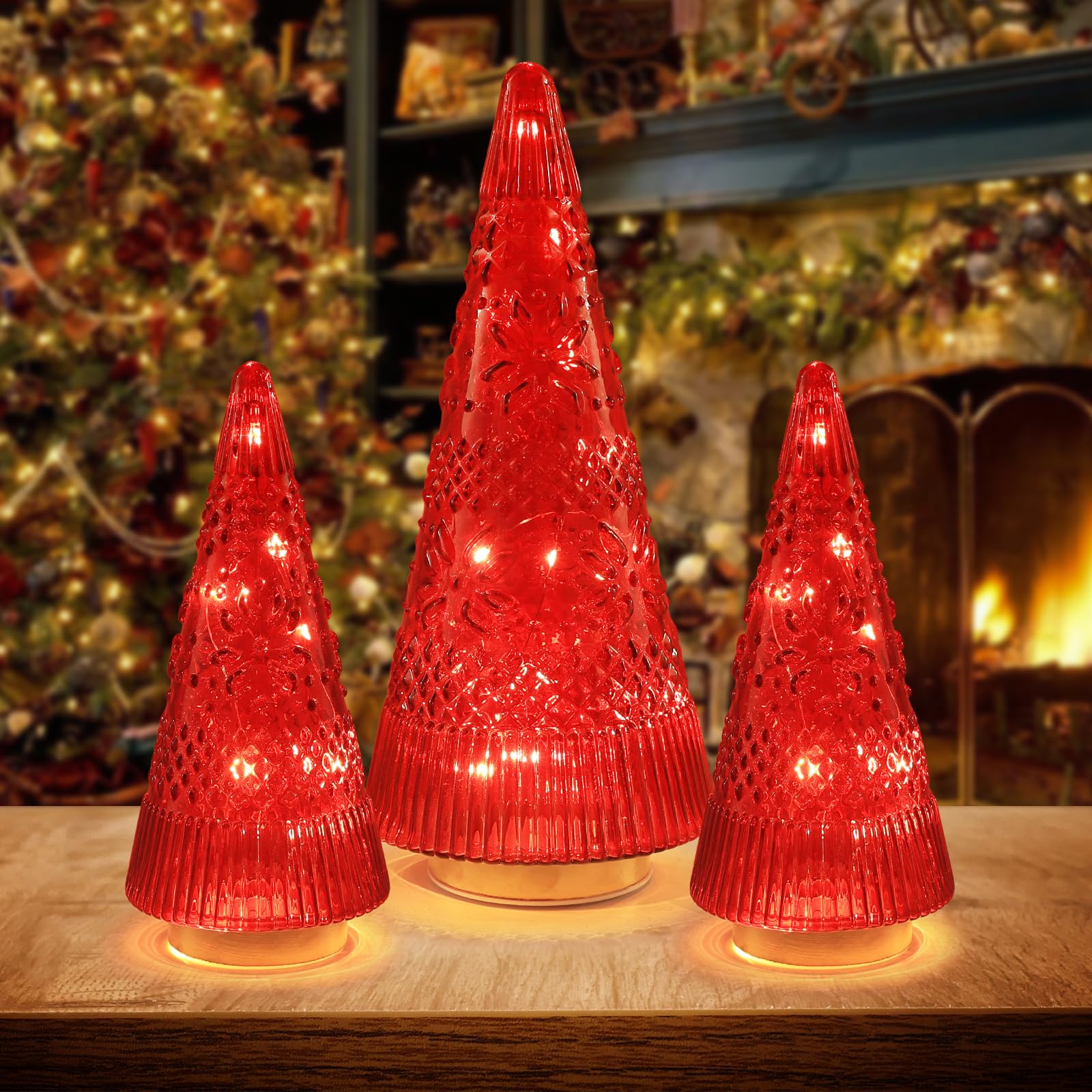 Décoration de Noël en verre pour cheminée et table de fête ensemble rouge lumineux de 3 pièces