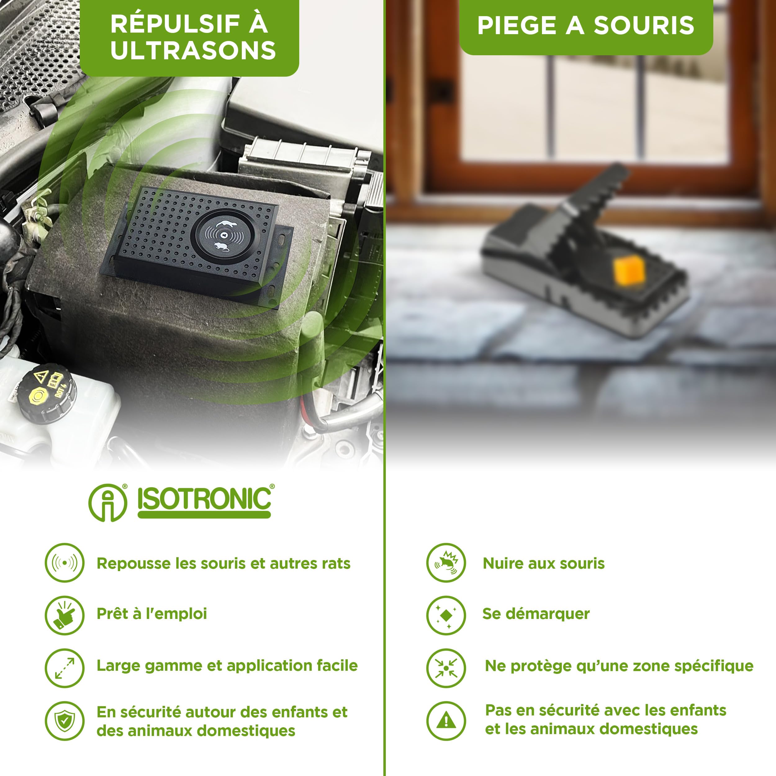 ISOTRONIC Répulsif pour Les martres, Souris et Les Rats avec Fonction de lumière/Clignotant LED Ultrasons pour la Voiture, la Maison, Le Garage et Le Grenier