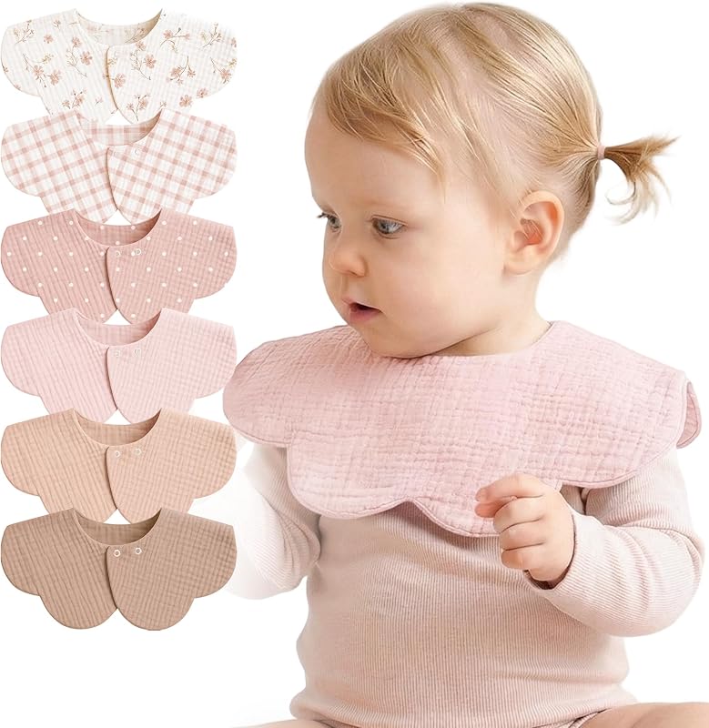 6-Pack Muslin Baby Bibs, 360° Rotate Flower-Shaped Drool Bibs | 100% Cotton, Soft & Absorbent, Designed for Drooling & Teething Babies, for Boys and Girls Aged 0-36 Months (Pink)