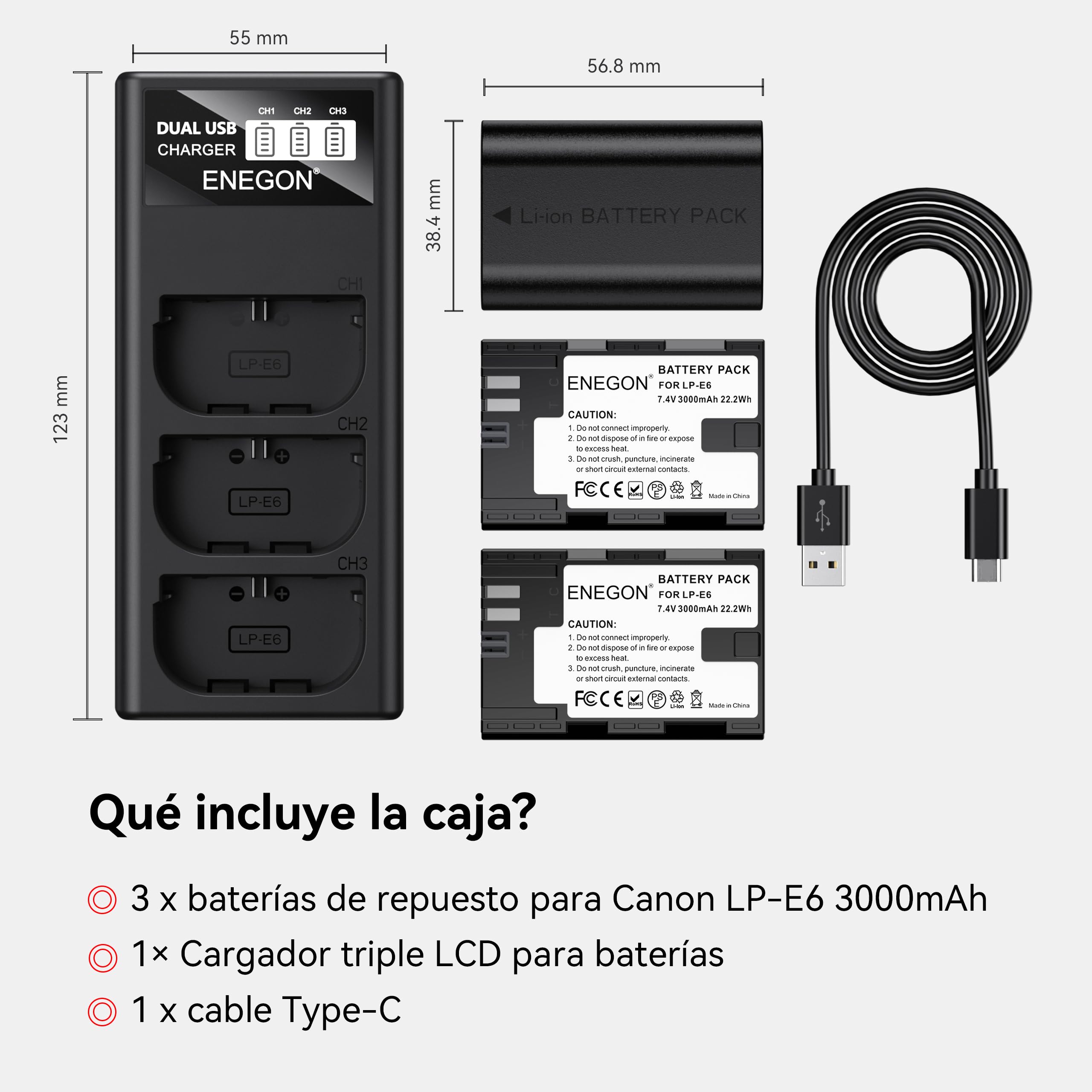 ENEGON Batería LP-E6 (3×3000mAh) Incluye Cargador de 3 Ranuras con Pantalla LCD Compatible Canon EOS 5D, EOS 5D Mark II,EOS 6D, 7D, 60D, 70D, 80D, 90D, XC10, XC15 Cámaras