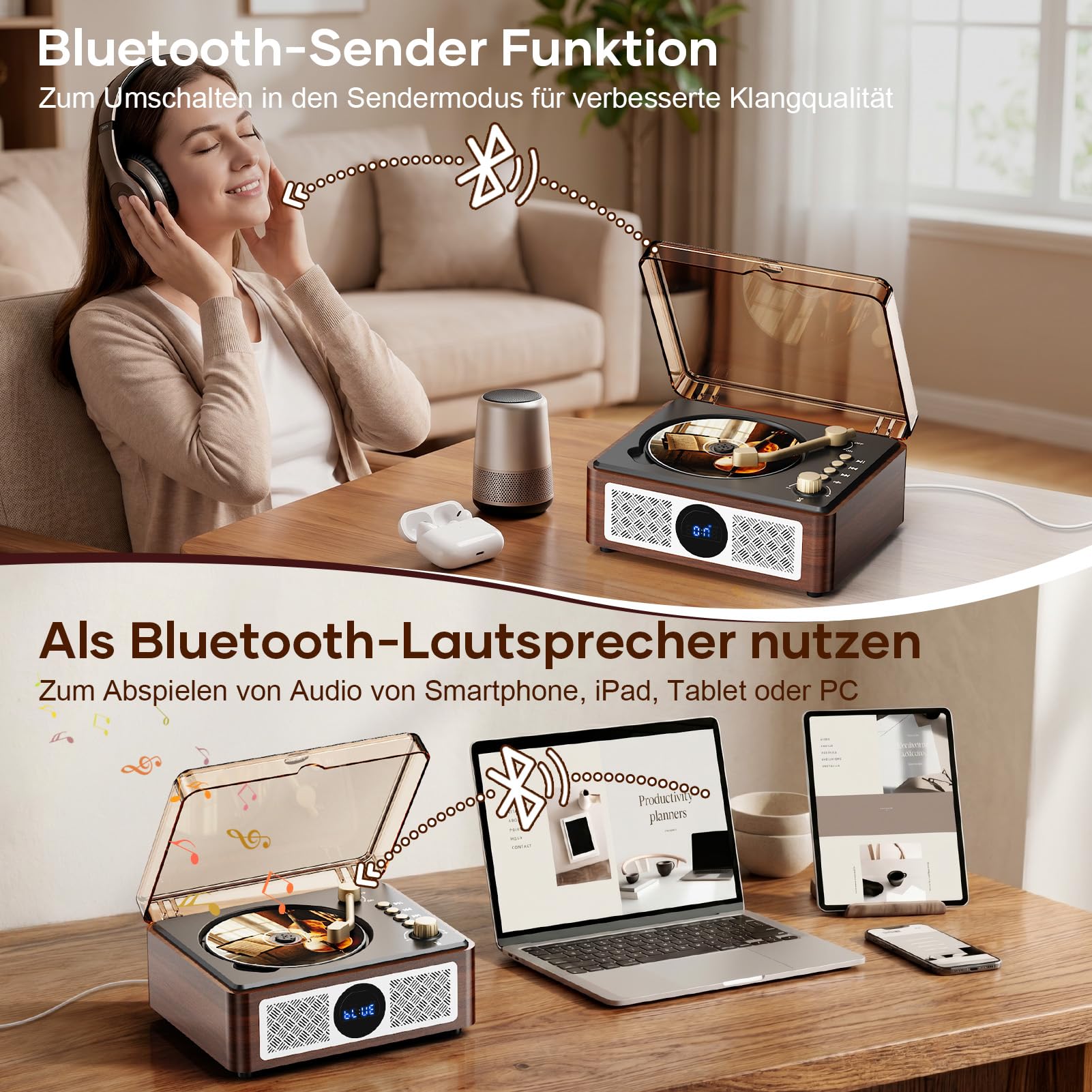 Bluetooth CD Player Tragbar mit Lautsprecher - Lehwey Retro CD-Player mit FM Radio, Stereo Sound, Unterstützt USB/AUX Wiedergabe, Vintage Desktop CD Spieler mit Fernbedienung, Staubschutz (Holz)