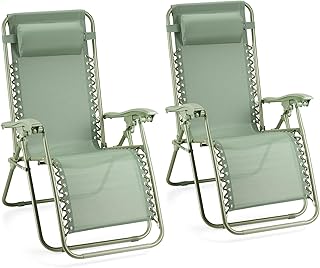 VonHaus Zero Gravity Chairs Set of 2 - Reclining Sun Loungers for Garden - Textilene Folding Sunloungers with Detachable Headrest - Fold Away 2 Set Deck Chairs for Outdoor, Patio (Sage Green)