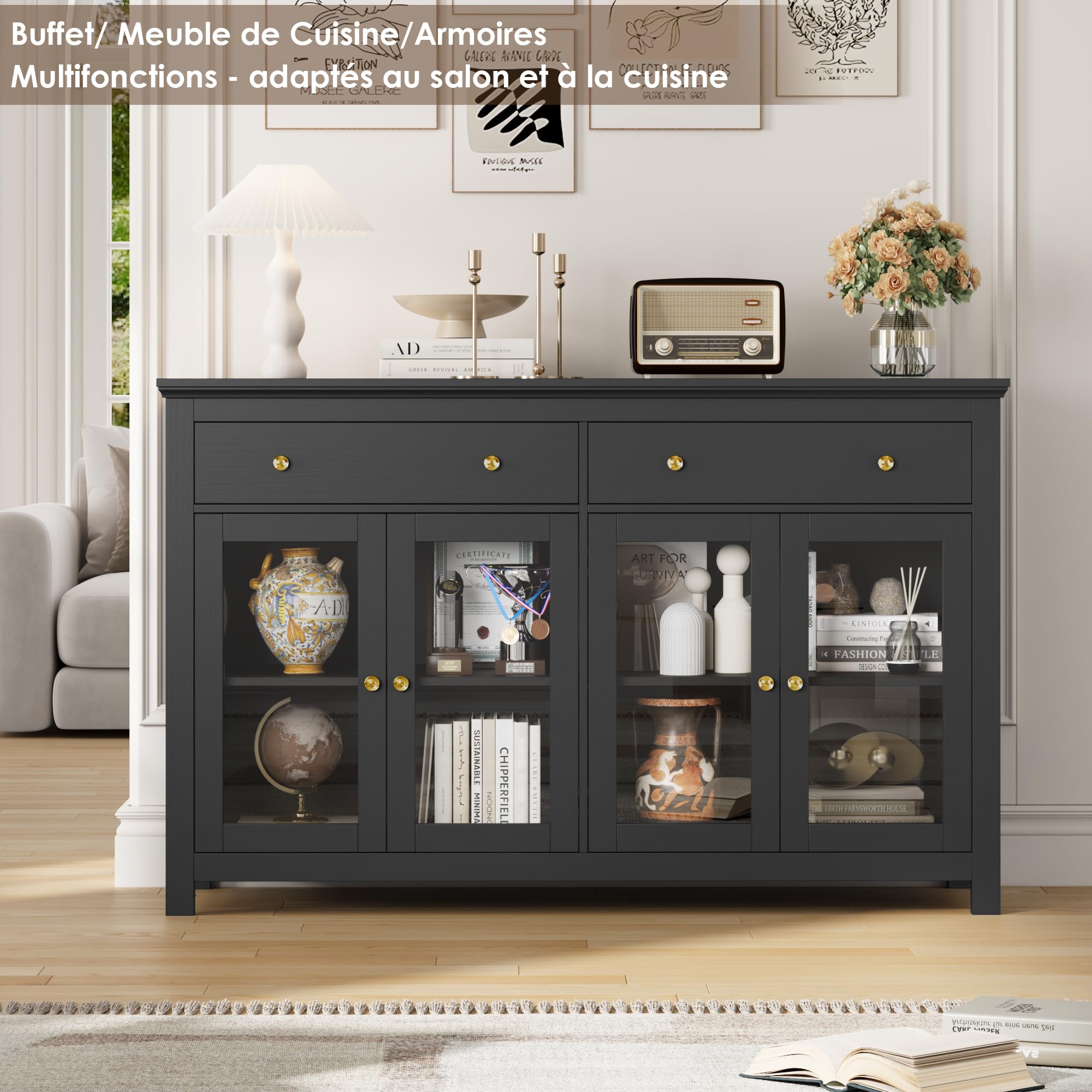 FirFurd Buffet Portes Vitrées Meuble Cuisine Rangement Noir 140x40x90.7cm