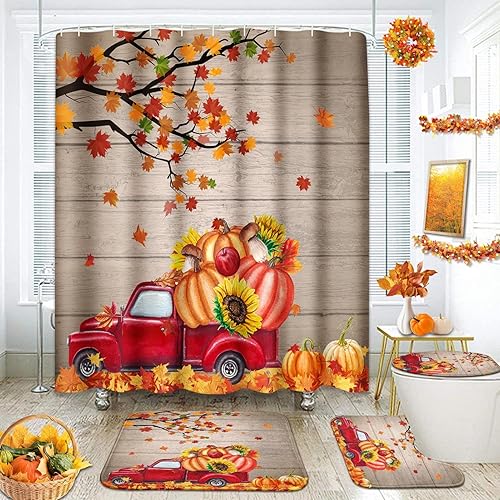 ArtSocket Juego de baño de hojas de otoño con cortina de ducha y accesorios de alfombras, juego de cortina de ducha de madera de arce volador,