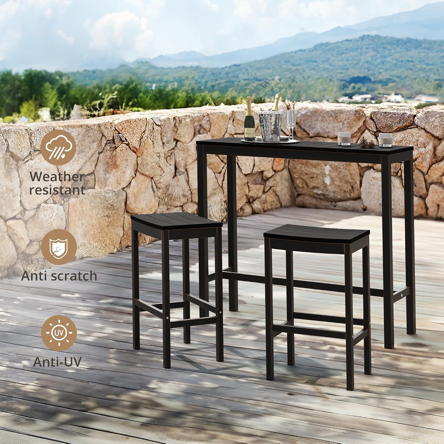 Cozyman Outdoor Bar Height Table and Chairs Set, 3 Piece Black Top and Bronze Leg Patio Pub Bar Set with 45" Slatted High Top Table and 2 Bar Stools for Balcony, Poolside, Yard