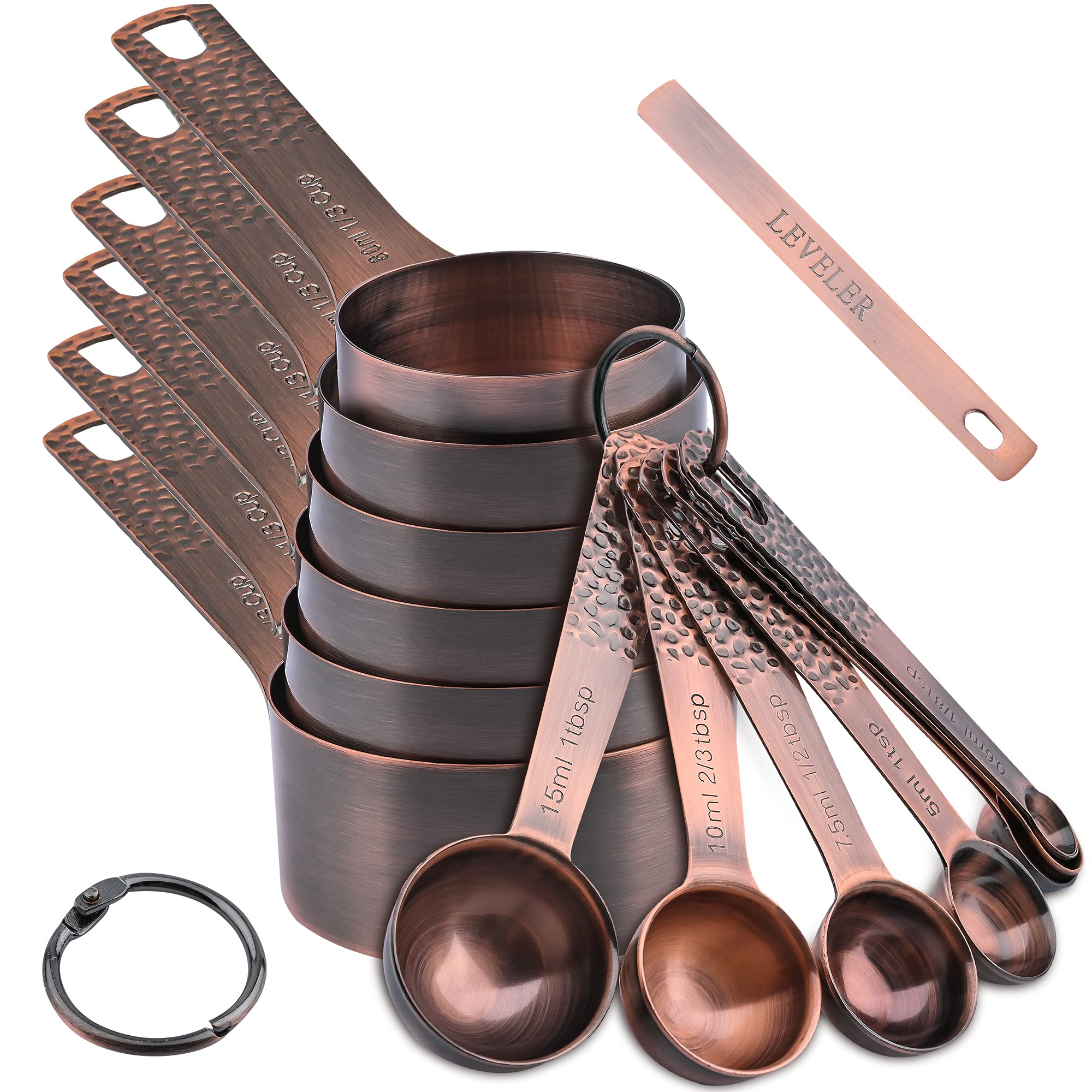 Kupfer-Messbecher und Löffel-Set, 14 Stück, Edelstahl-Messbecher und Löffel, Metall, 6 Messbecher und 7 Messlöffel mit 1 Nivellierer für Küche und Backen
