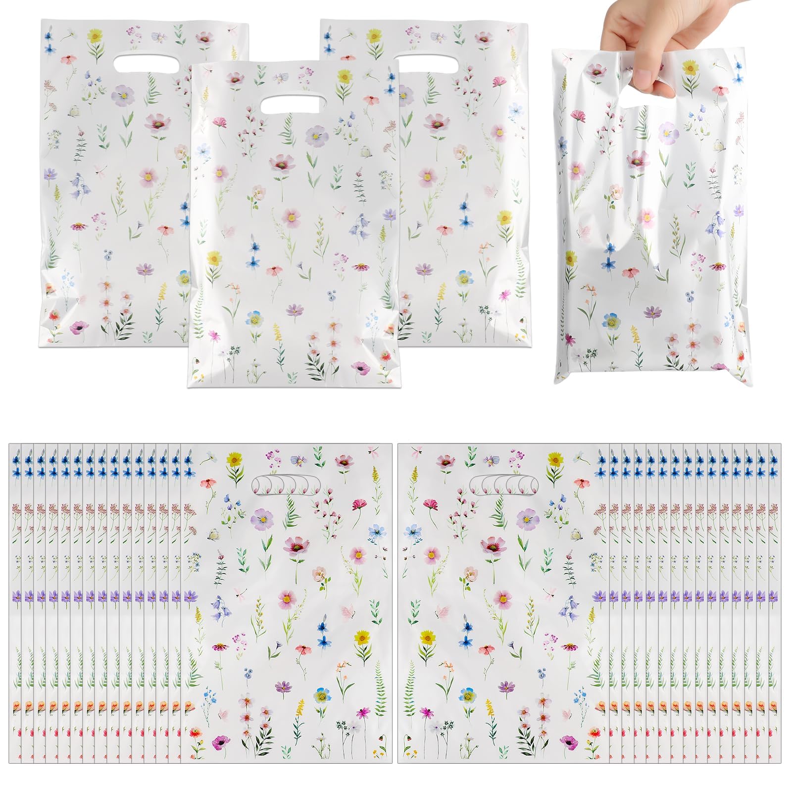 100 Pcs Plastic Party Gift Bags 16.5x25cm, Small Wildflower Theme Spring Floral Goody Bags with Handles for Kids Girls Birthday, Wedding, Baby Shower,Hawaii Party Favors,Colorful Candy Treat Bags Bulk