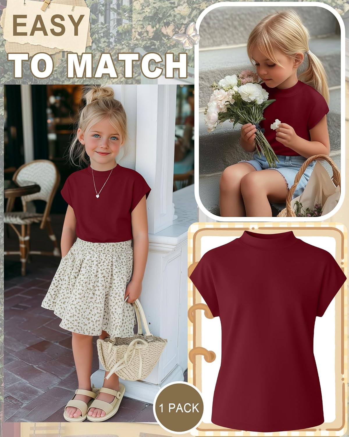 Girl's Cap Sleeve Shirts Soft Mock Turtle Neck T-Shirts Basic Casual Tunic Tops Solid Cute Stretchy Summer Tees - Image 3
