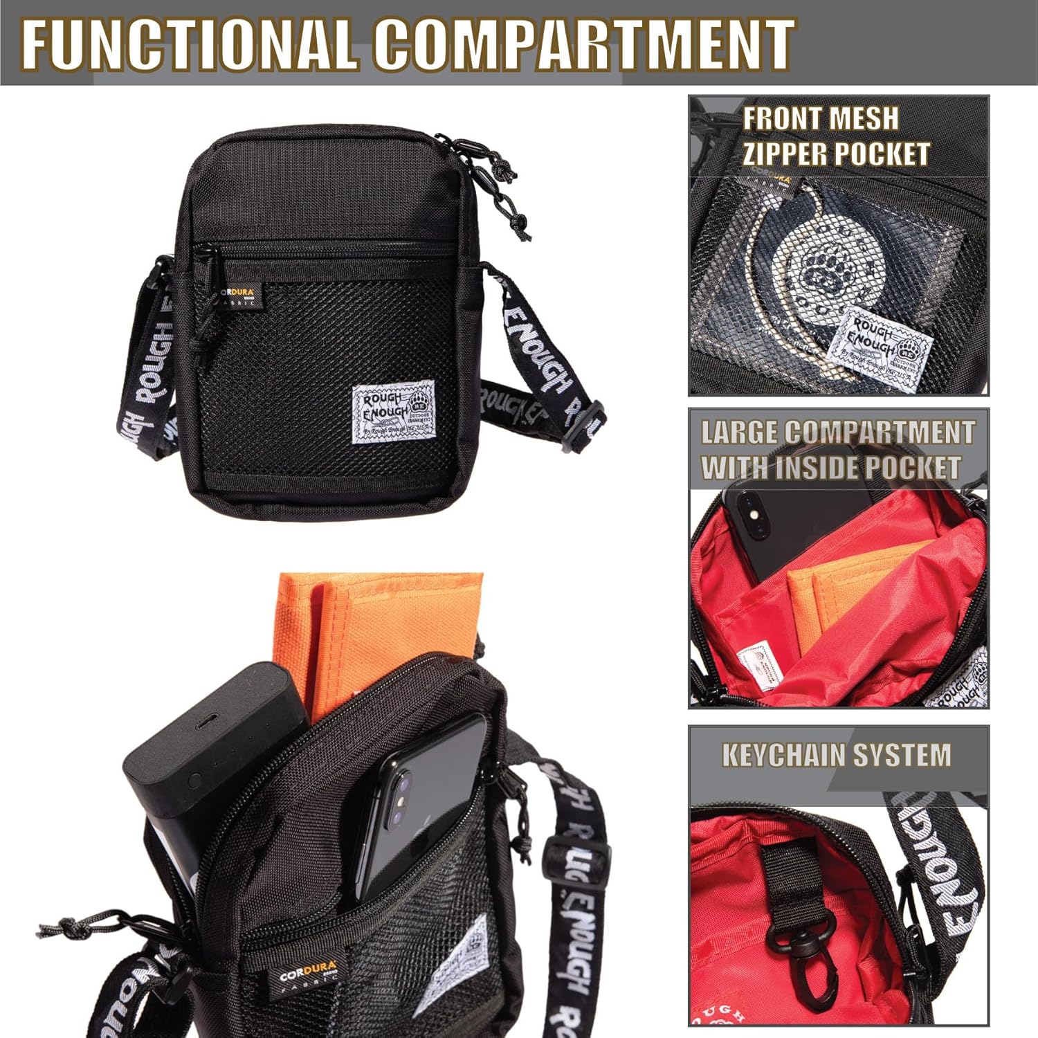 Rough Enough Black Small Crossbody Shoulder Bag for Women Men Boys Girls Travel