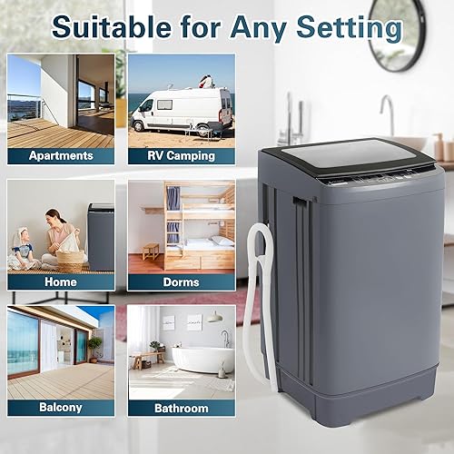 Miniatura 8 de Fox Shack Lavadora automática compacta, lavadora portátil, tapa de vidrio, capacidad de 17.7 libras, 10 programas, pantalla LED, 8 niveles de agua