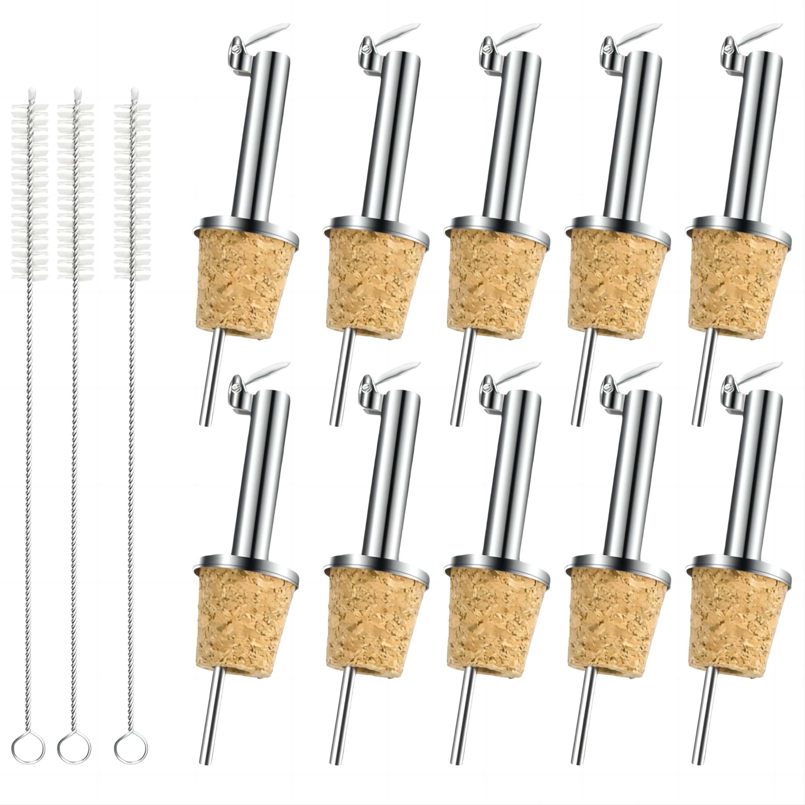10 x Pourers for Bottles with 3 x Straw Brushes, Bottle Pourer Made of Stainless Steel and Natural Corks, Spirits Bottle Pourer, Quick Oil Pourer with Dust Caps, Dispenser for Olive Oil/Vinegar