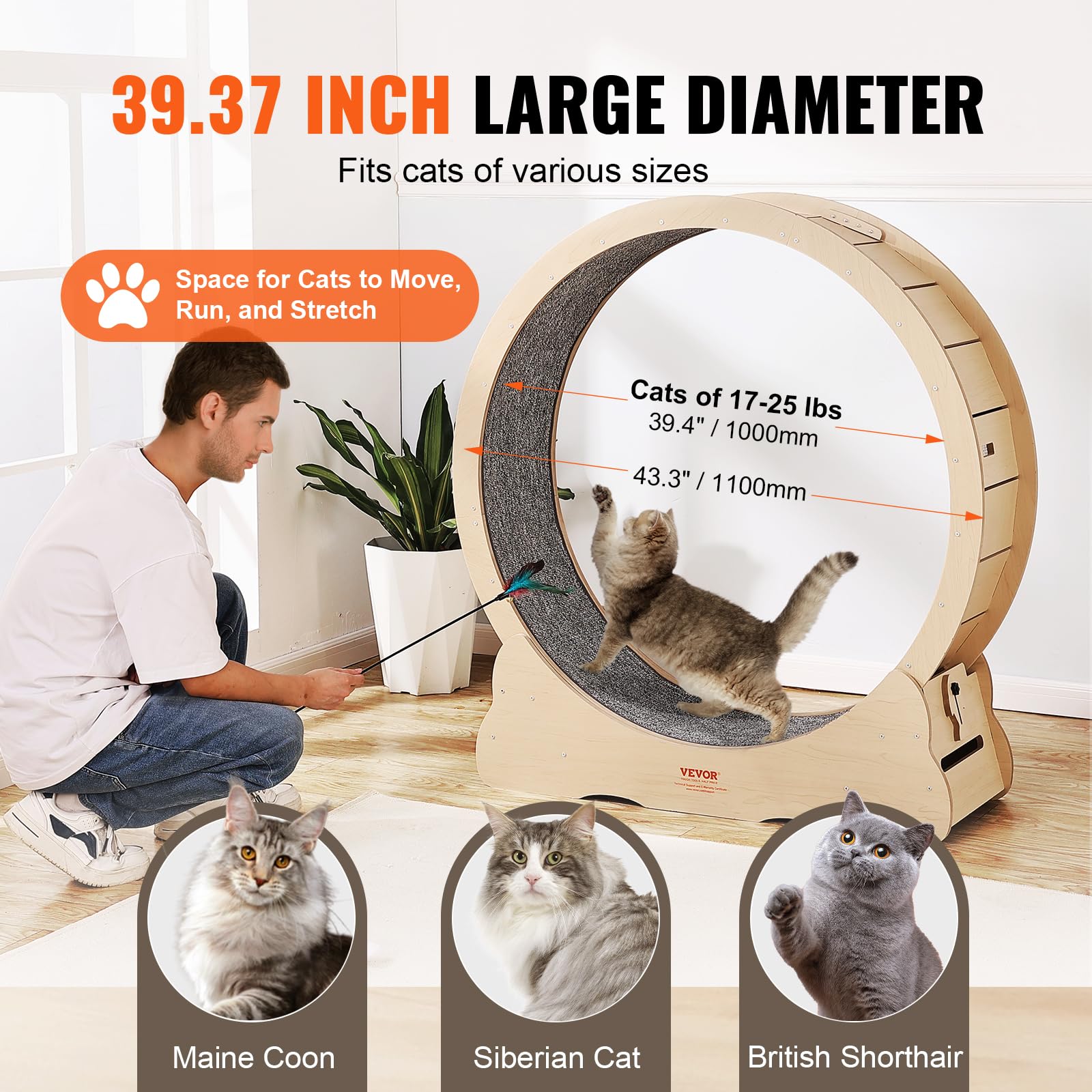 VEVOR Ruota per Esercizi per Gatti in Legno, Ruota per Tapis Roulant per Gatti 110 cm, Ruota Tavola di legno per Corsa con Tappeto Staccabile e Teaser per Gatti per Corsa Allenamento Interno Gialla