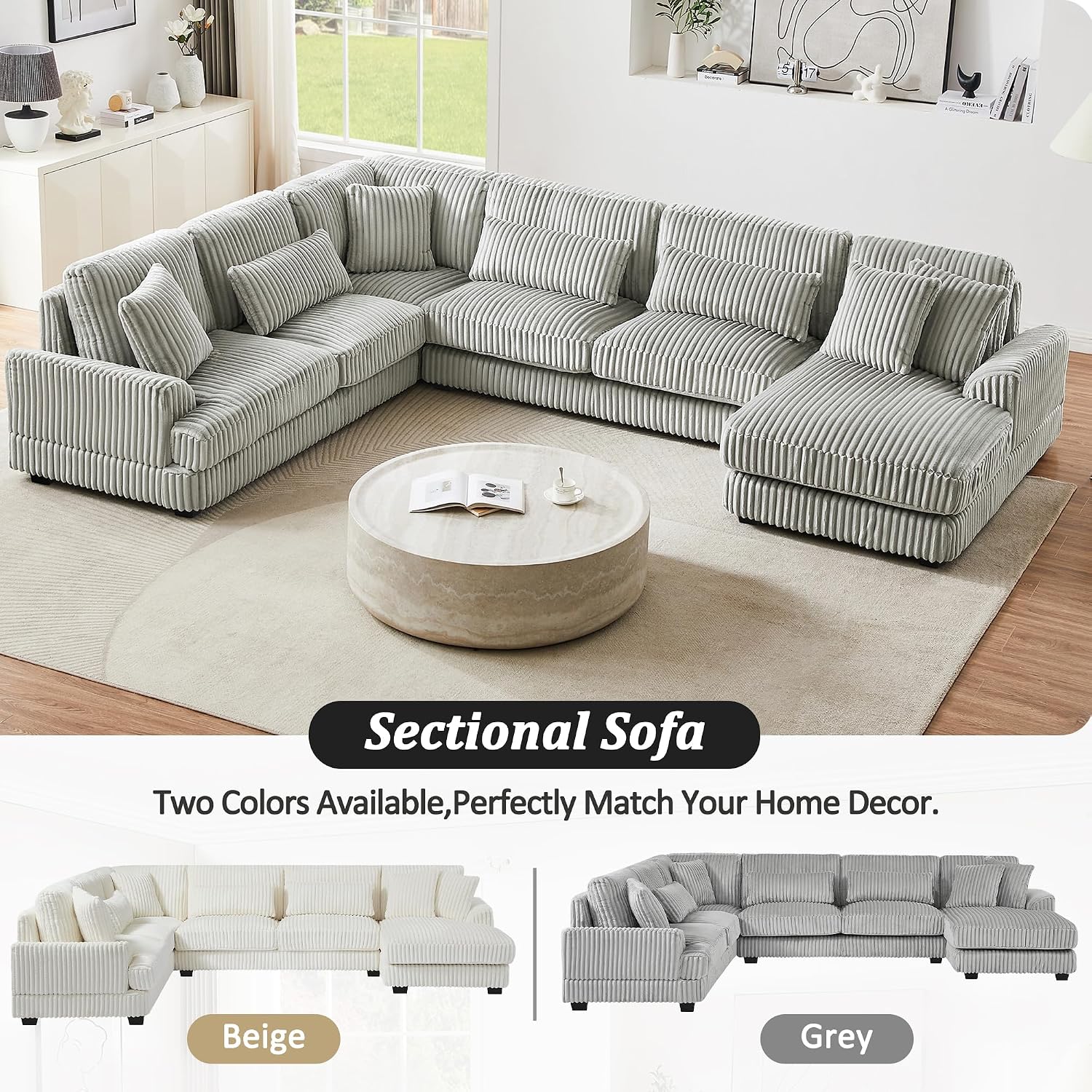 Yoglad 129’’ U Shaped Corner Sectional Couch, 5 Seat Oversized Furry Corduroy Sofa, Large Furniture with Chaise Lounge Furniture for Apartment Living Room (Grey)