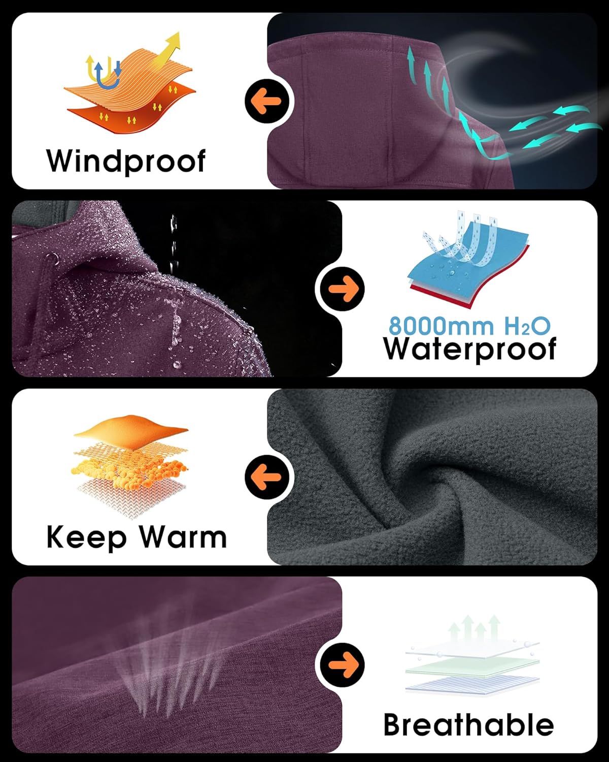 33,000ft Women's Softshell Long Jacket with Hood Fleece Lined Windproof Warm up Waterproof Windbreaker - Image 6