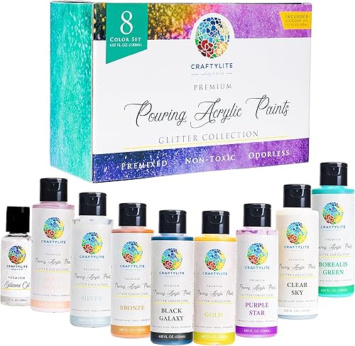 Pintura acrílica para verter, colores con purpurina, juego de 8 colores, botellas de 4 onzas líquidas (4.1 fl oz), incluye aceite de silicona, 1