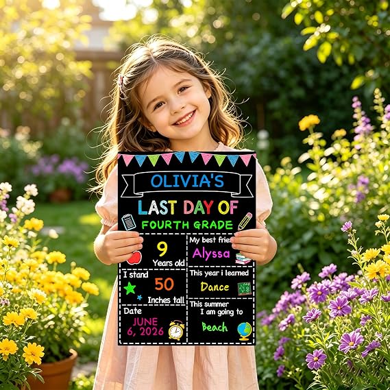 First Day of School Sign 14x10 with Chalk Markers Double-Sided First and Last Day of School Board Reusable Wooden Colorful Chalkboard for Grades 1-12 Kindergarten Pre K Photography