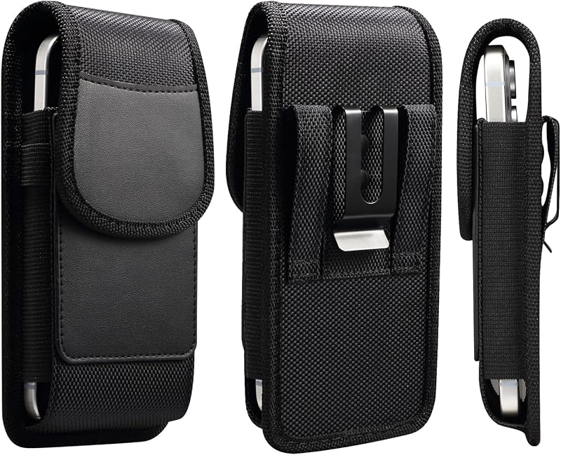 Cell Phone Holster Nylon Belt Pouch Metal Clip Holder Case for iPhone 17 Pro Max Samsung Galaxy S26 Ultra S25 FE S24 Ultra A16 A15 A26 A36 A17 Moto G Power 2025 Moto G 5G 2025 Moto Play 2024 (L)
