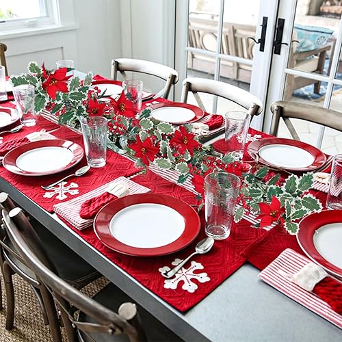 Miniatura 7 de Guirnalda de Navidad artificial de 6.6 pies, guirnalda de pino con conos de pino, bayas rojas, flores rojas, decoración de Navidad para el hogar,