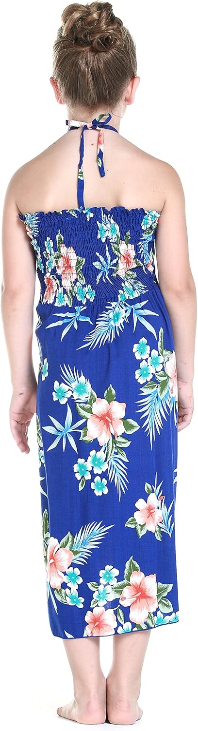 Matching Hawaiian Luau Mother Daughter Halter Dress in Hibiscus Blue Women M - Girl 12 Hibiscus Blue