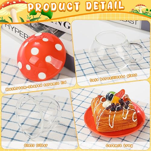 Miniatura 4 de Lallisa Juego de 4 tazas de té de hongos de 9.6 onzas con infusor y cuchara, lindas tazas de vidrio, tetera de té de hongos con tapa de cerámica