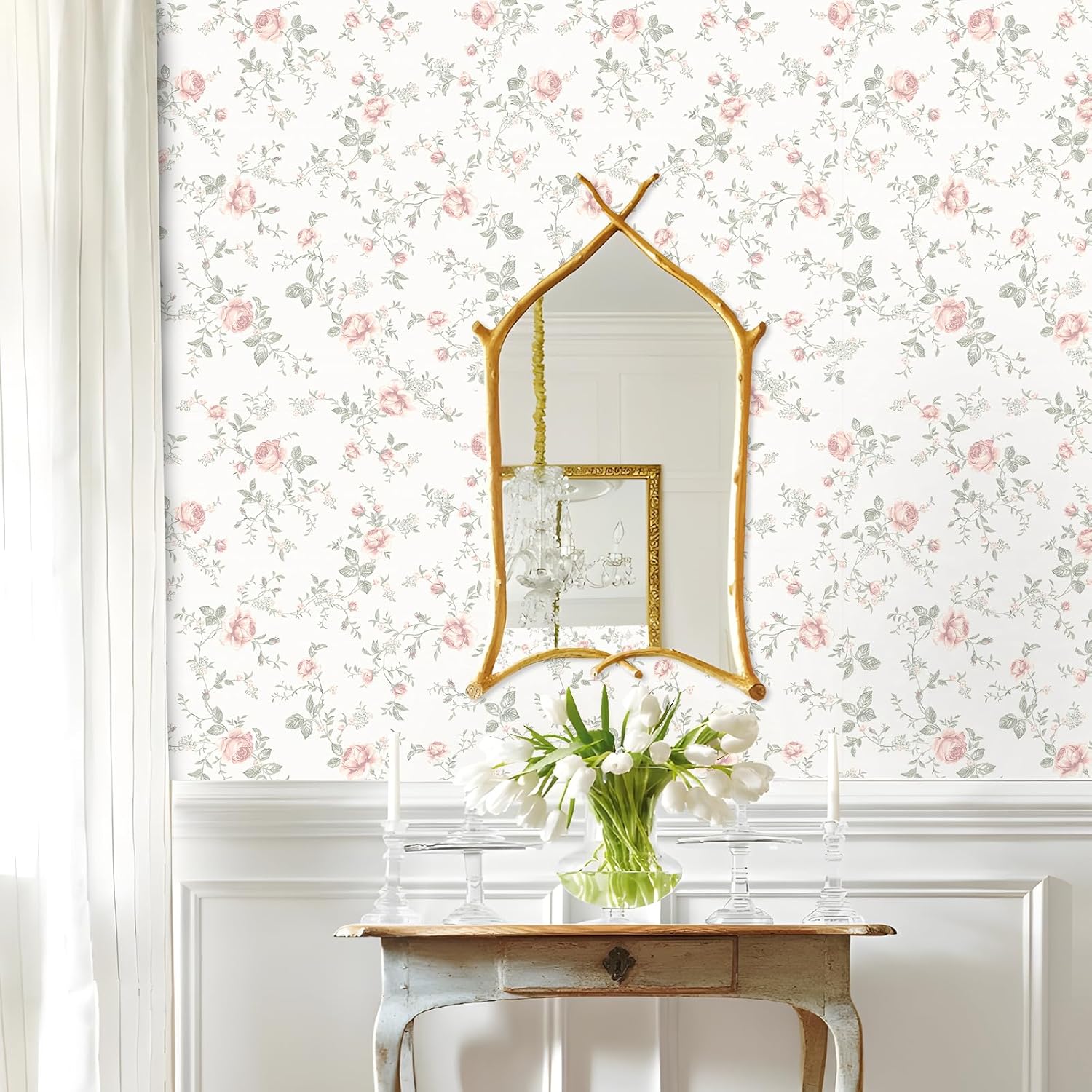 Floral Peel and Stick Wallpaper Boho Flower and Leaf Contact Paper Removable Self Adhesive Waterproof Wall Paper for Decorative Bedroom Bathroom Home Wall Furniture Decal 17.32inW 118.11inL