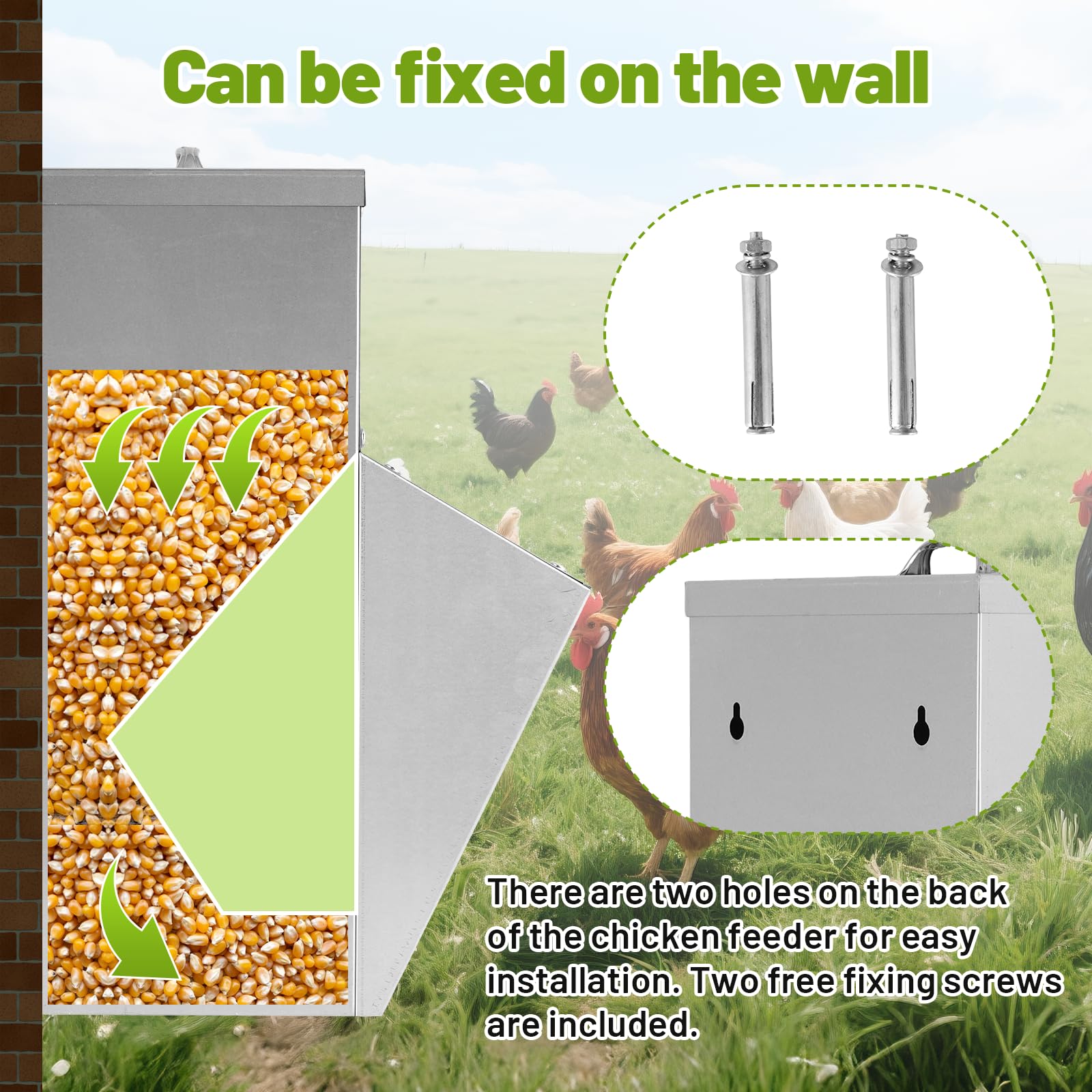 BAOSHISHAN Comedero automático para pollos, comedero de aves de corral montado en la pared con tapa, sin residuos, comedero al aire libre para pollos, pájaros, patos, gansos (10 kg)