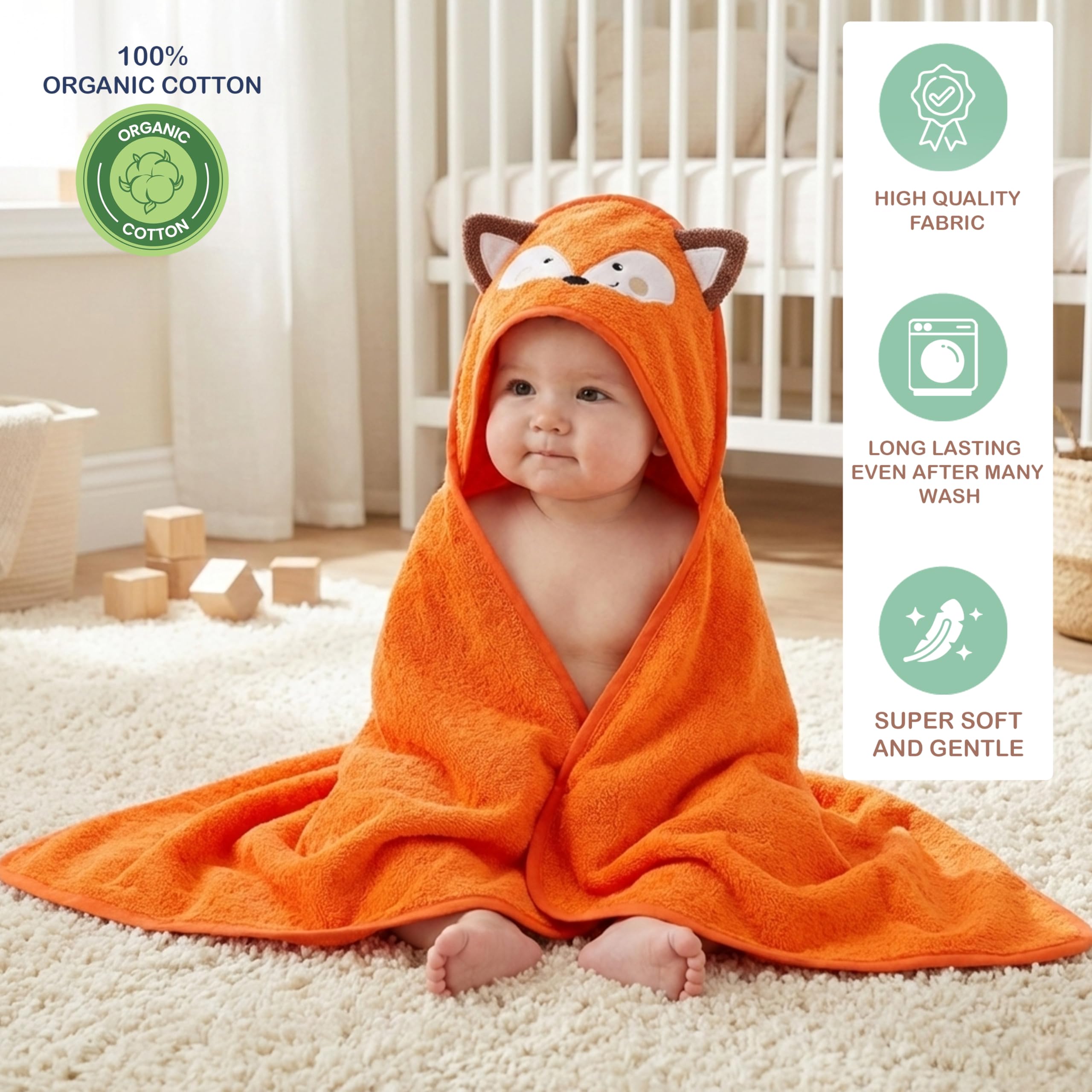 Mother's Choice Poncho con cappuccio ultra morbido e assorbente da bagno indossabile per neonati, neonati, design 3D arancione volpe