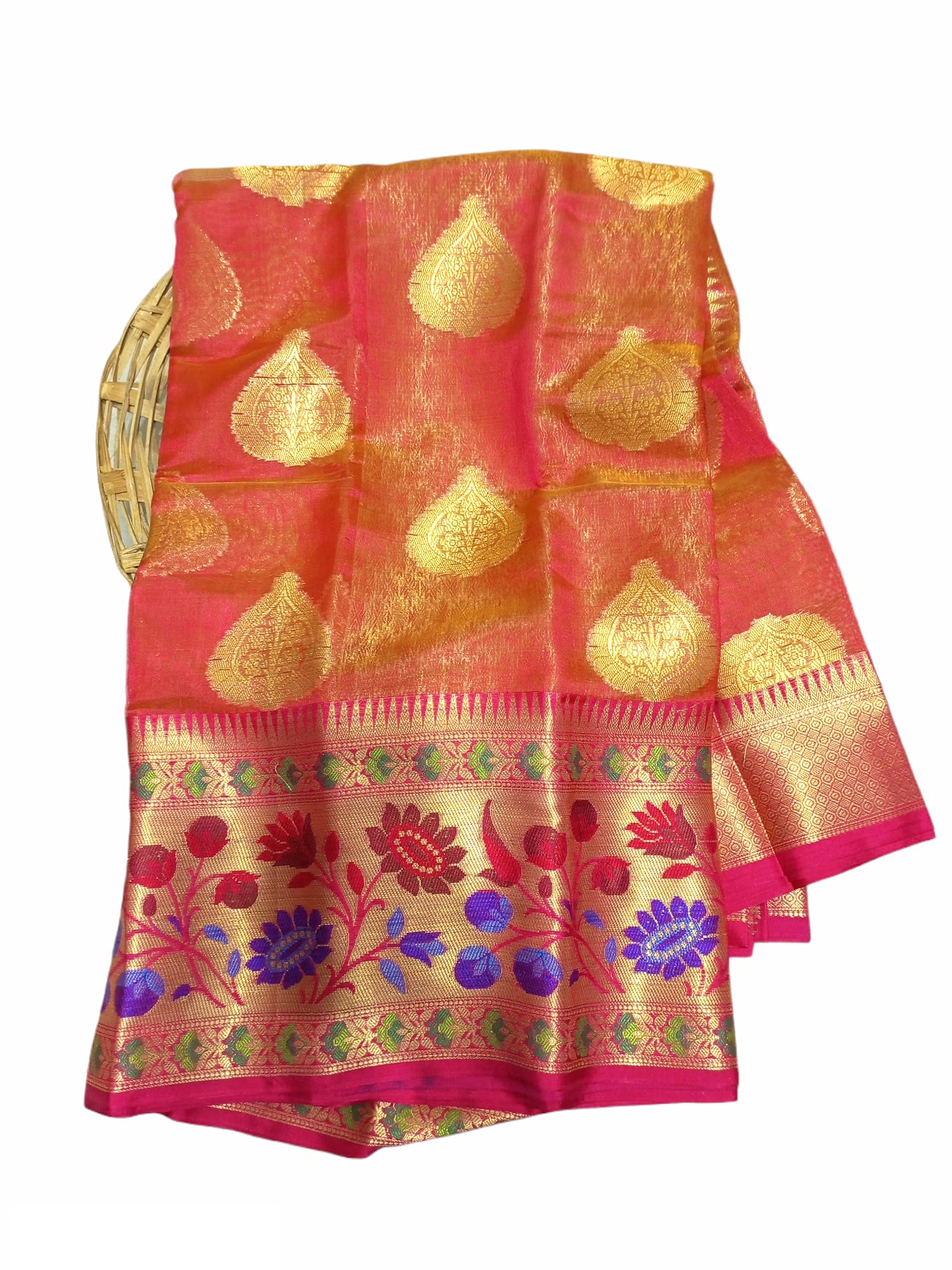 Rameshwaram Fabrics kora muslin tissue silk saree with contrast blouse ಕಾಂಟ್ರಾಸ್ಟ್ ಬ್ಲೌಸ್‌ನೊಂದಿಗೆ ಕೋರಾ ಮಸ್ಲಿನ್ ಟಿಶ್ಯೂ ರೇಷ್ಮೆ ಸೀರೆ कोरा मलमल टिशू सिल्क साड़ी कॉन्ट्रास्ट1ब्लाउज के साथ (Peach)