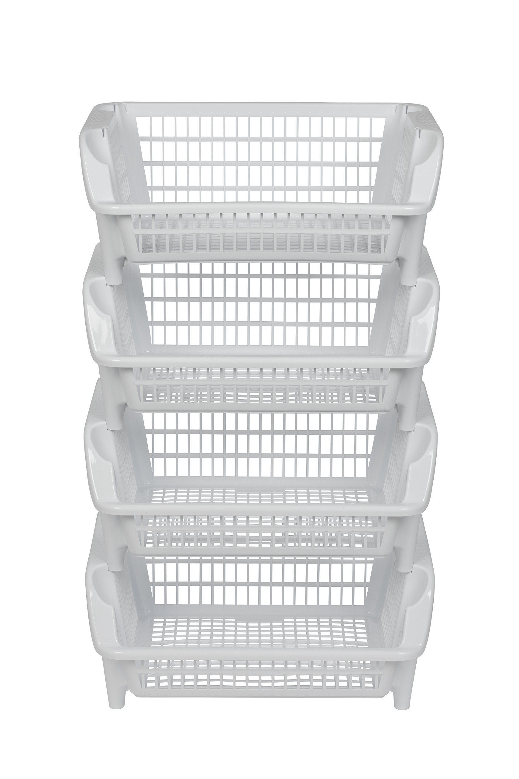 Scaffale composto da quattro cesti impilabili in plastica, colore bianco Impilabile e annidabile. Ampliabile a piacere. Dimensioni: 54,5 x 38 x 92 cm (LxPxH).