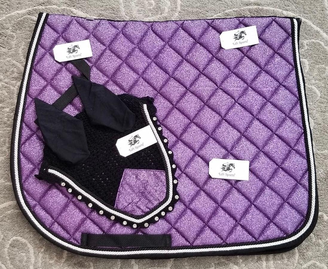 Glittery Shine Horse English Saddle Pad Set with Matching Fly Bonnet Set Ear Net Fly Veil (Purple)