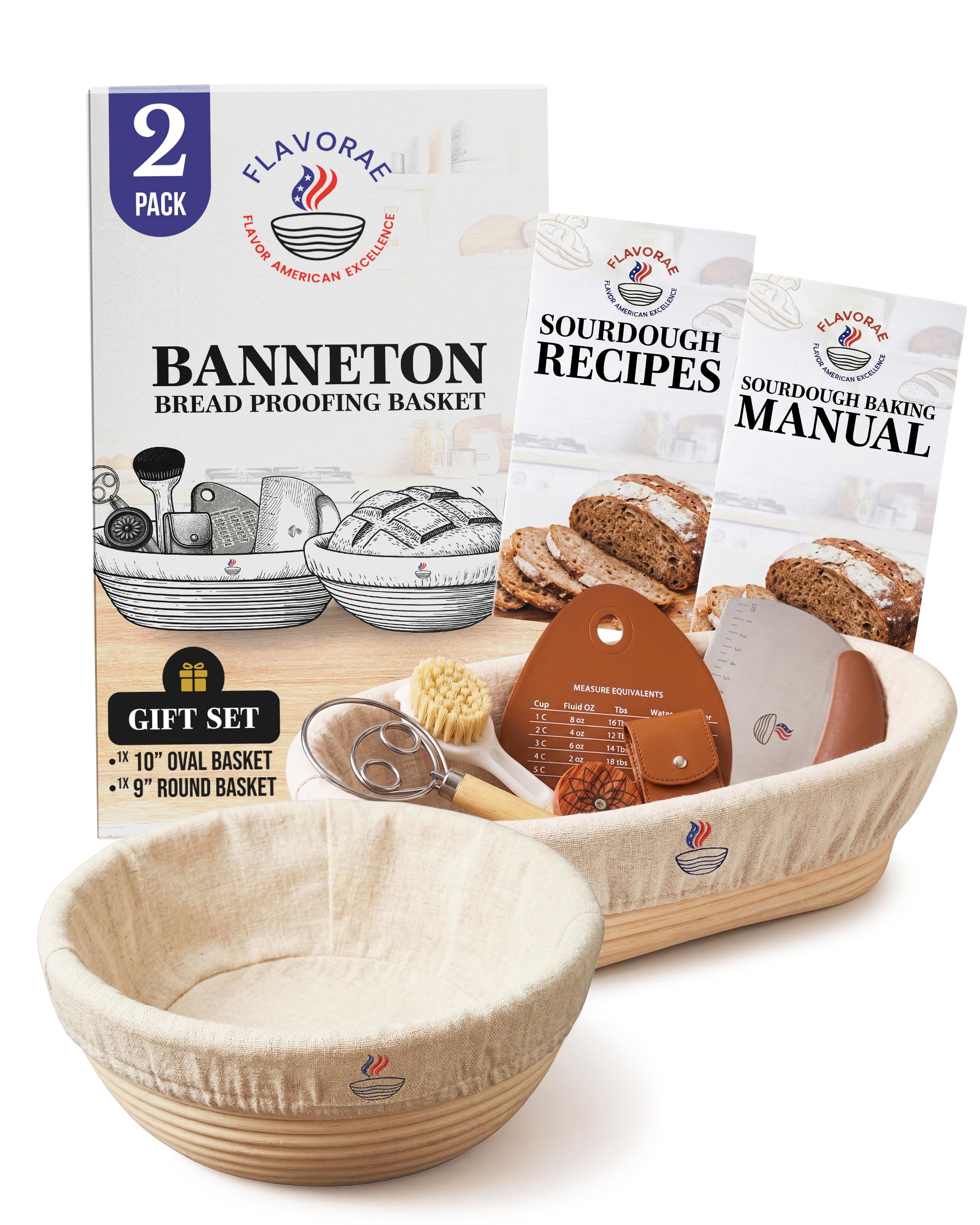 Brotgärkörbchen 2er-Set – rund 22,9 cm & ovales 25,4 cm Banneton mit Einlagen, Sauerteig-Starter-Set, natürliches Rattan-Teiggärkörbe für handwerkliches Brotbacken