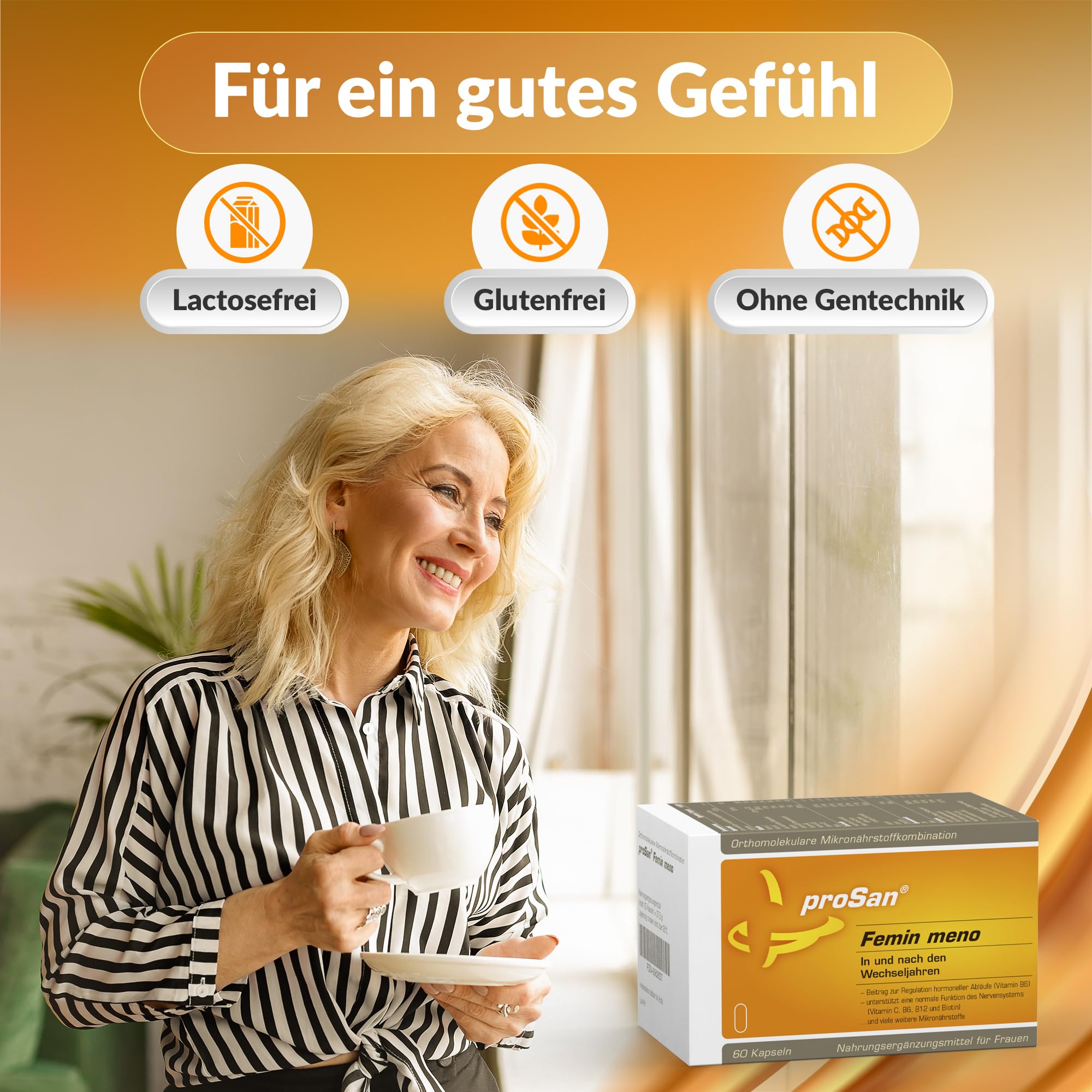 proSan Femin meno Wechseljahre Kapseln (Monatspackung: 60 Kapseln) | natürlich & pflanzlich, hormonfrei, Isoflavone & Vitamine, Omega 3-Fettsäuren & Nachtkerzenöl, Mineralien & Carotinoide