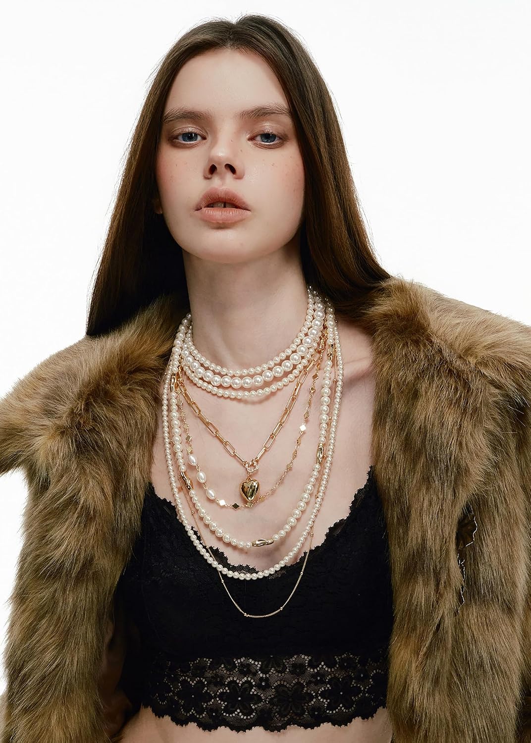 Boho Multi Strand Pearl Layered Necklace, Gold Paperclip Chain Heart Pendant, Stackable Choker for Party Rave Daily Wear