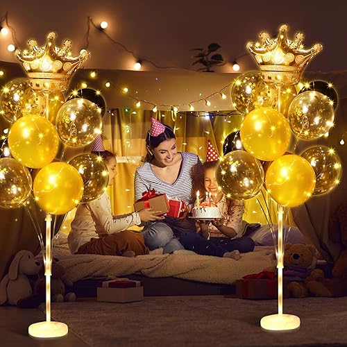 Miniatura 6 de Sosation Juego de 2 soportes para globos con corona de suelo, incluye cadena de luces LED, 42 globos, 44 varillas, 26 tazas, globos dorados,