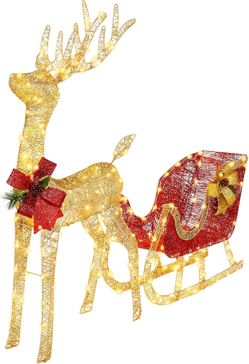 VINGLI Upgraded Large Lighted Reindeer and Sleigh Outdoor