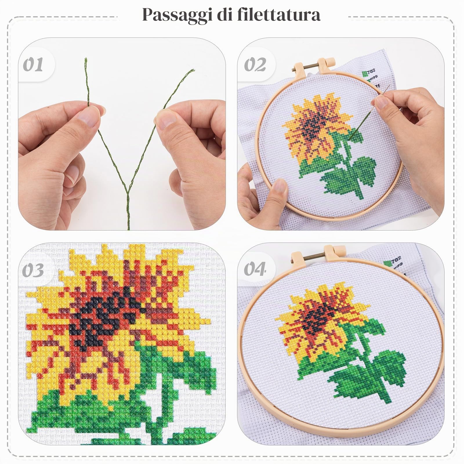 JSRQT 6 pezzi Fiori Kit Punto Croce per Principianti Adulti Bambini, Kit per Ricamo a Punto Croce Fatto a Mano per Amanti Fai da Te con Strumento, 2 Telai da Ricamo, Istruzioni, Ago e Filo