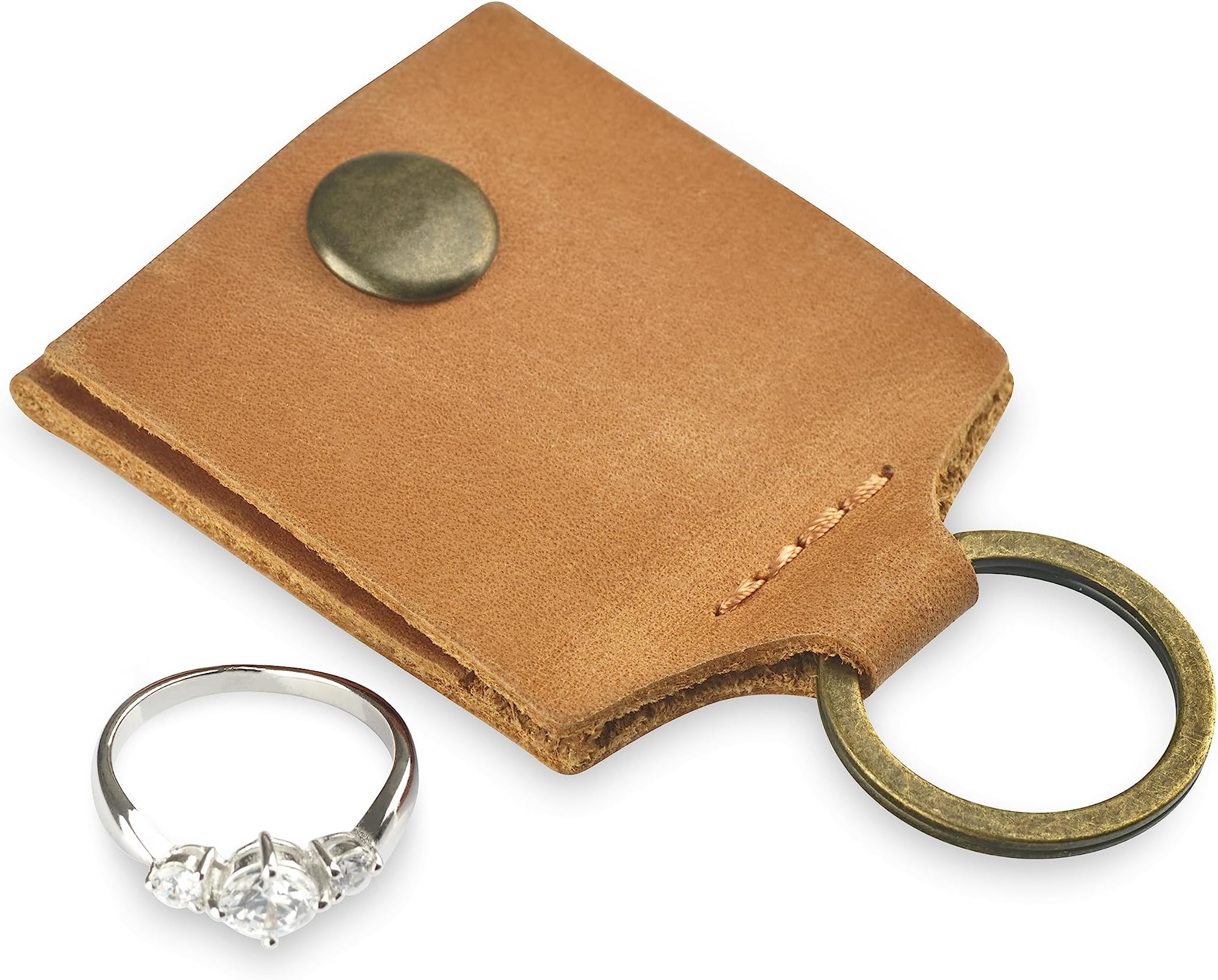 Leather Keychain Ring Holder, Wedding Ring Travel Case, Engagement Ring Holder, Ring Pouch Bag, Workout and Gym Ring Holder, Small Soft Leather Ring Bearer (Vintage Brown)