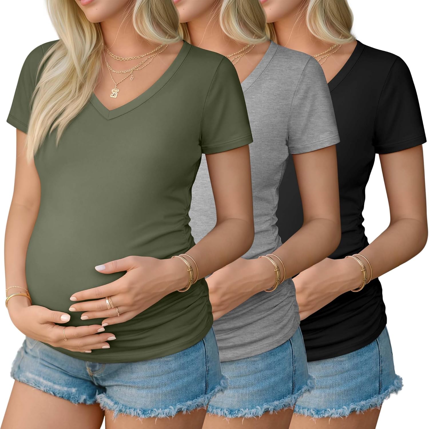 Ficerd 3 Pack Women's Maternity T-Shirts Cotton Blend Short Sleeve Pregnancy Shirts Summer V Neck Mama Tees Tops