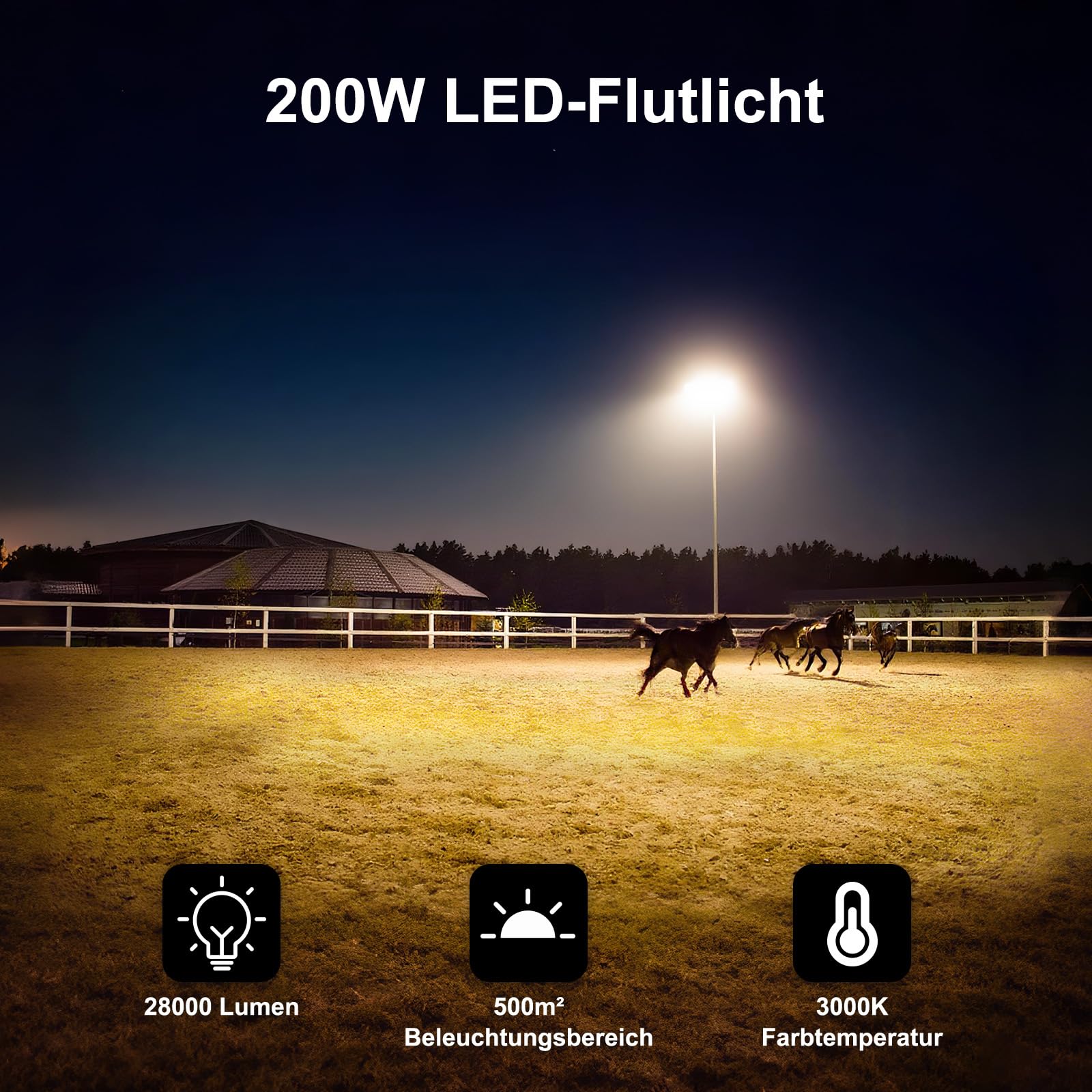 Reflektor zewnętrzny LED 200 W, 28000 lm, do użytku na zewnątrz, super jasny, 3000 K, ciepła biel, IP67, wodoszczelny, z regulowanym kątem, do ogrodu, na boisko sportowe, taras